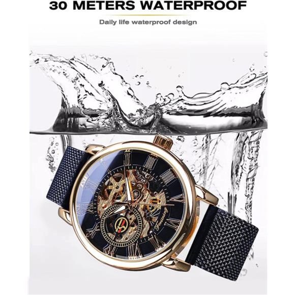 Men's Skeleton Watch Steampunk Watch Mechanical Watch for Men, Black Golden - Picture 2 of 7